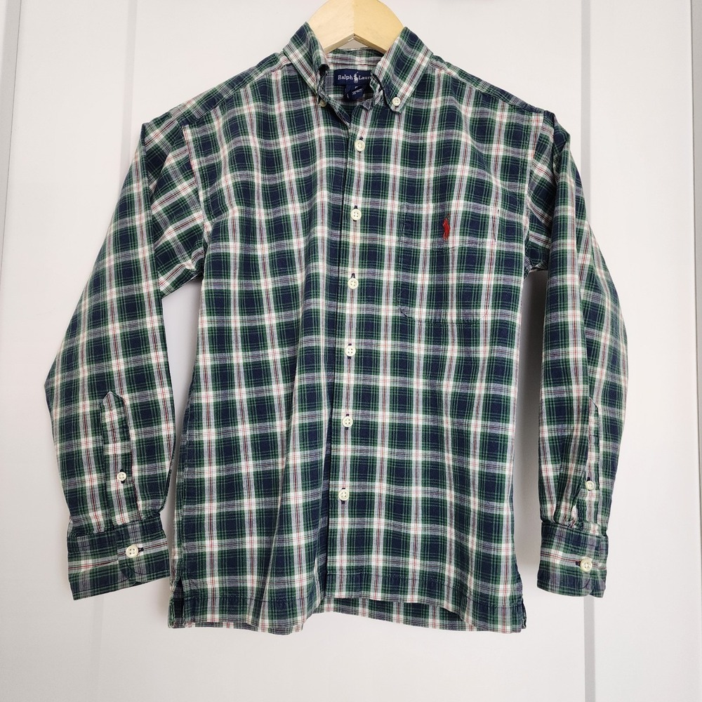Ralph Lauren Boys S Green Plaid Button Down‎ Shirt Winter Preppy Academia